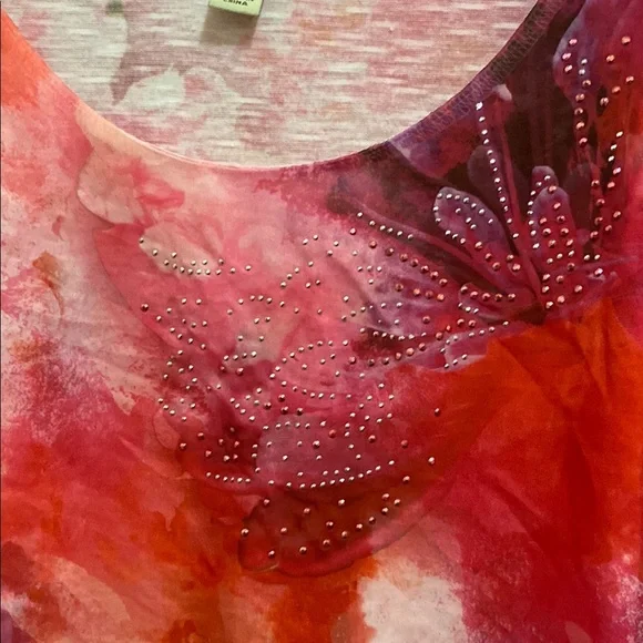 ONE WORLD Pink and Red Flutter Sleeve Blouse - Picture 5 of 15